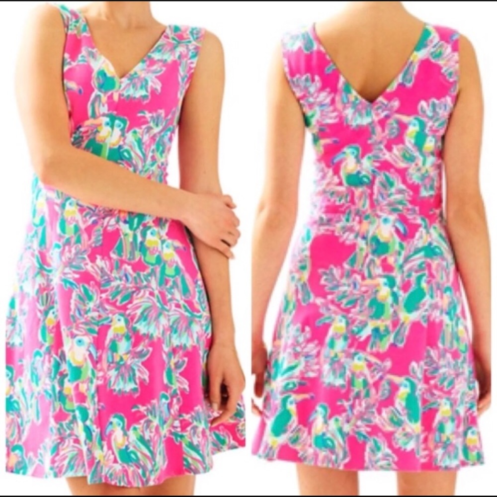 Dahlia Fit & Flare Dragonfruit Toucan Dress XXS